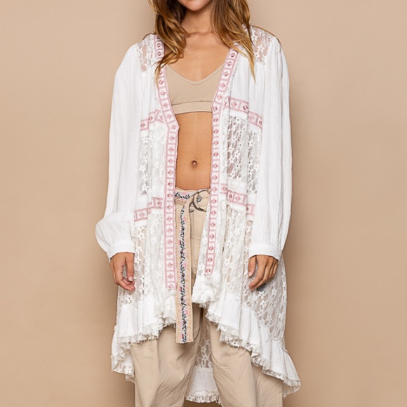 POL Lace Cardigan Women’s Cover Up Open Shirt Lace and Ruffle Contrast Boho #S25 - Picture 5 of 12